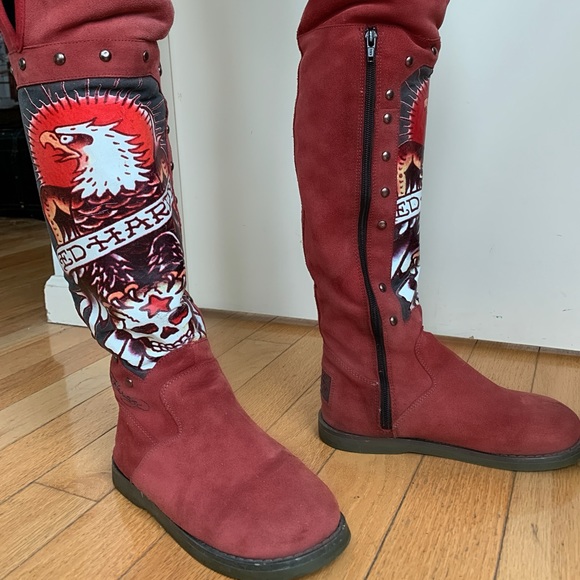 LIMITED EDITION Ed Hardy Tall Red Ugg Boots - Picture 1 of 3